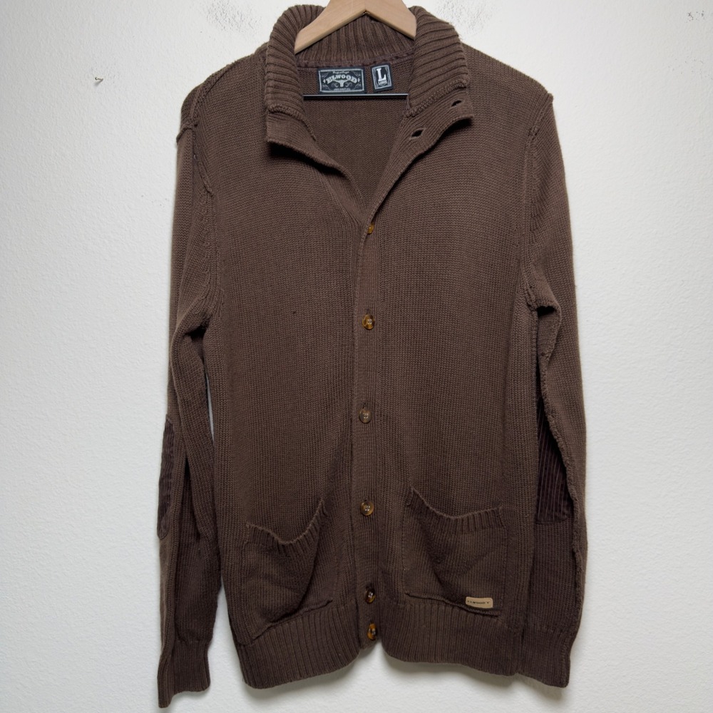 Elwood‎ Men Cardigan Sweater Large Brown Button Front  Corduroy Elbow Patch